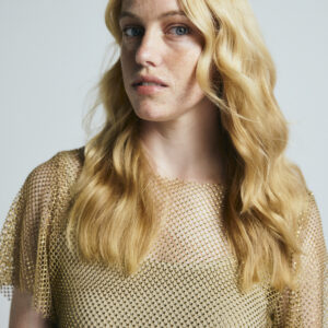 Gold crystal-embellished mesh shirt
