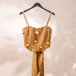 Bold top in sand coloured linen with decorated seashells